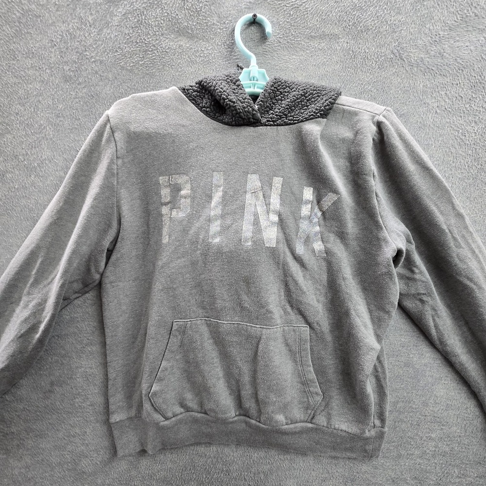 PINK Victoria's Secret Women Sweatshirt M Gray Fleece‎ Logo Text Long Sleeve